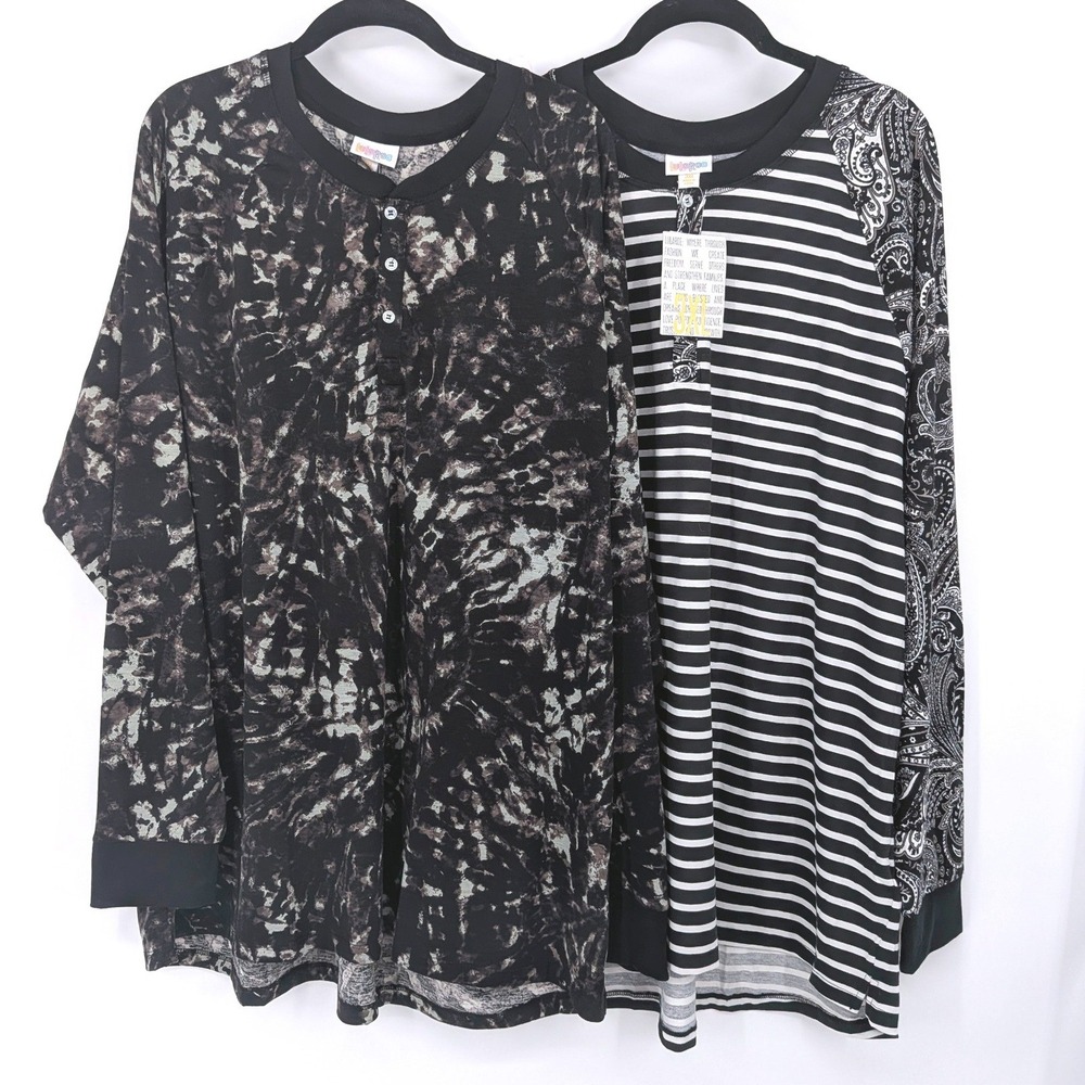 LuLaRoe Mark Henley Bundle Women 3XL Black Tie Dye Stripe Paisley Lot of 2 NWT